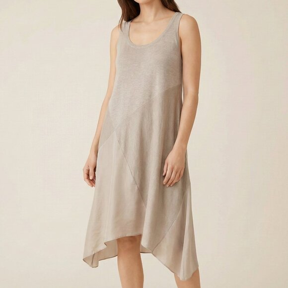 Eileen Fisher Linen Silk Tank Dress Taupe Beige Asymmetrical Tunic XS - Picture 1 of 14